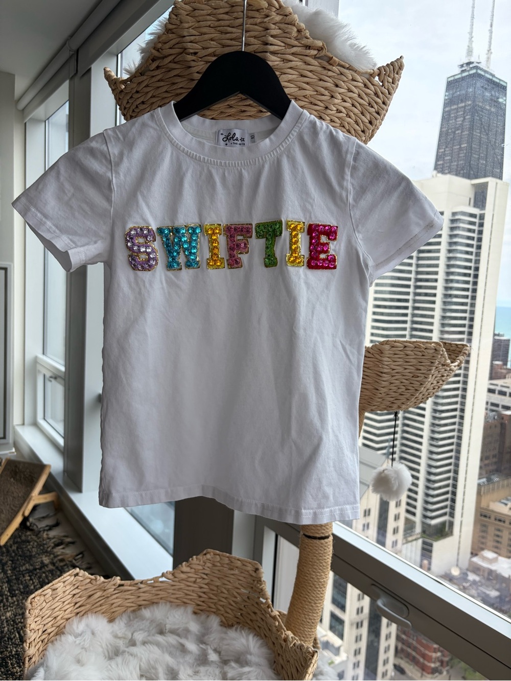 lola White Tee with Multicolor Sequin "SWIFTIE" Letters